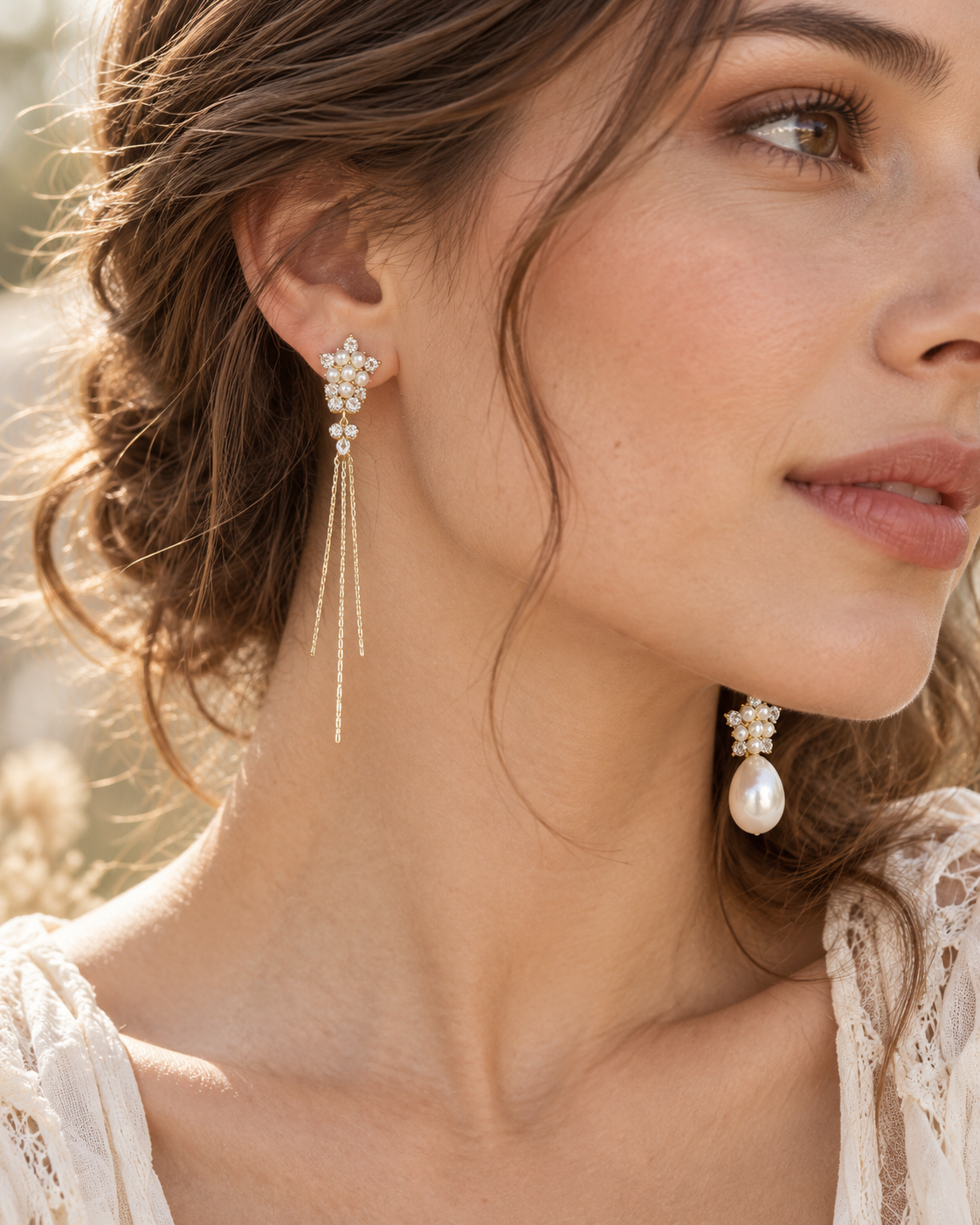 Boucles asymétriques fleur perlée argent 925 | Lilou Bohème
