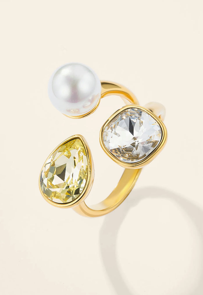 Bague réglable dorée femme – Perle blanche & zircons | Lilou Bohème