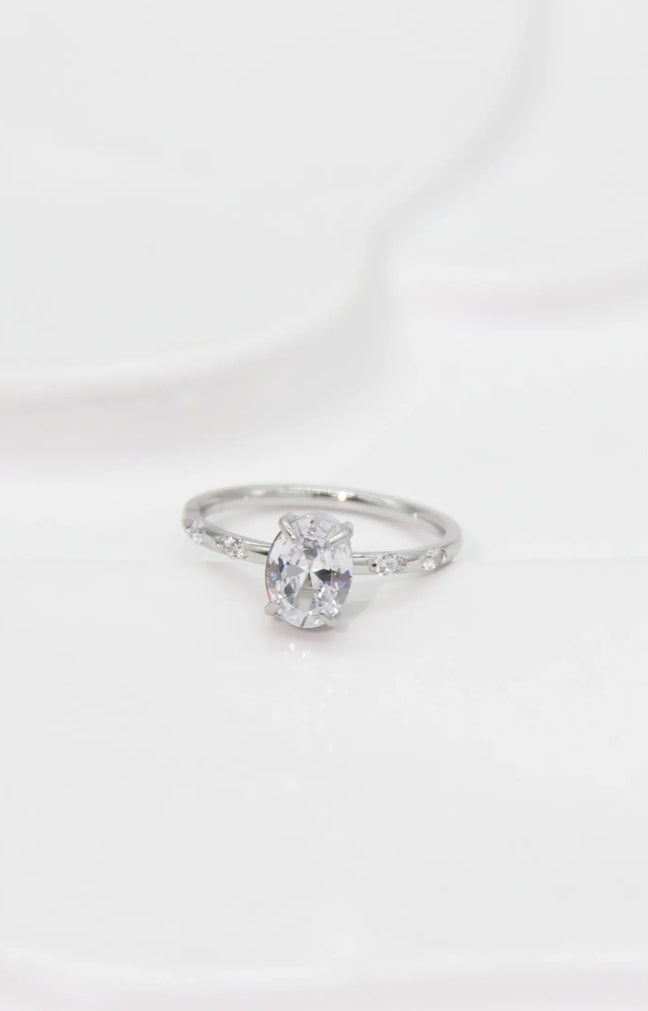 Bague de promesse argentée pierre ovale acier inoxydable | Lilou Bohème