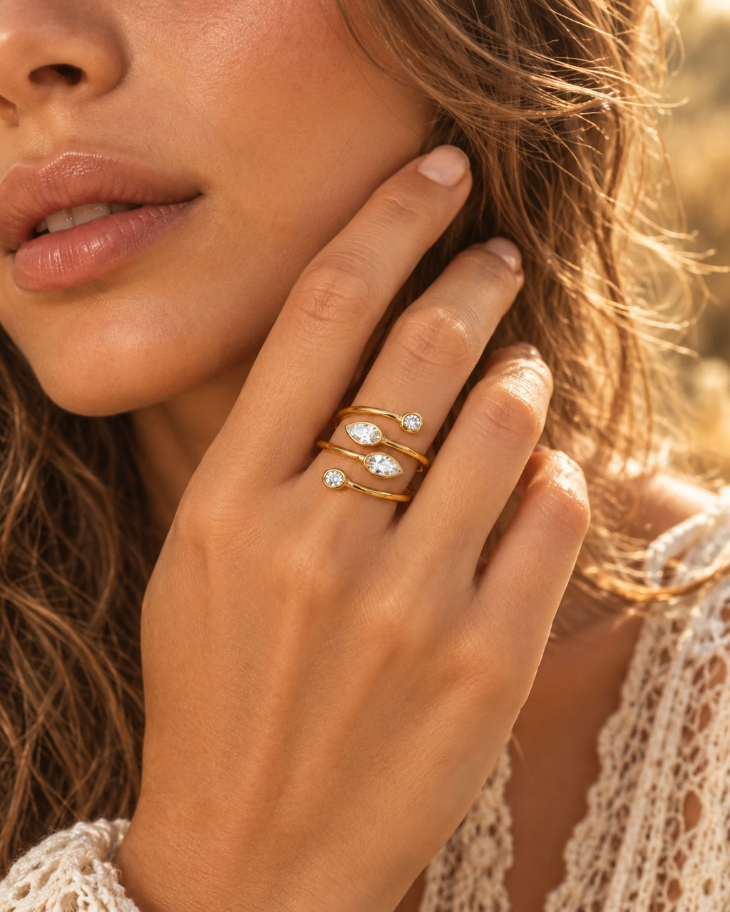 Bague Dorée Réglable Pierres en Acier Inoxydable | Lilou Bohème
