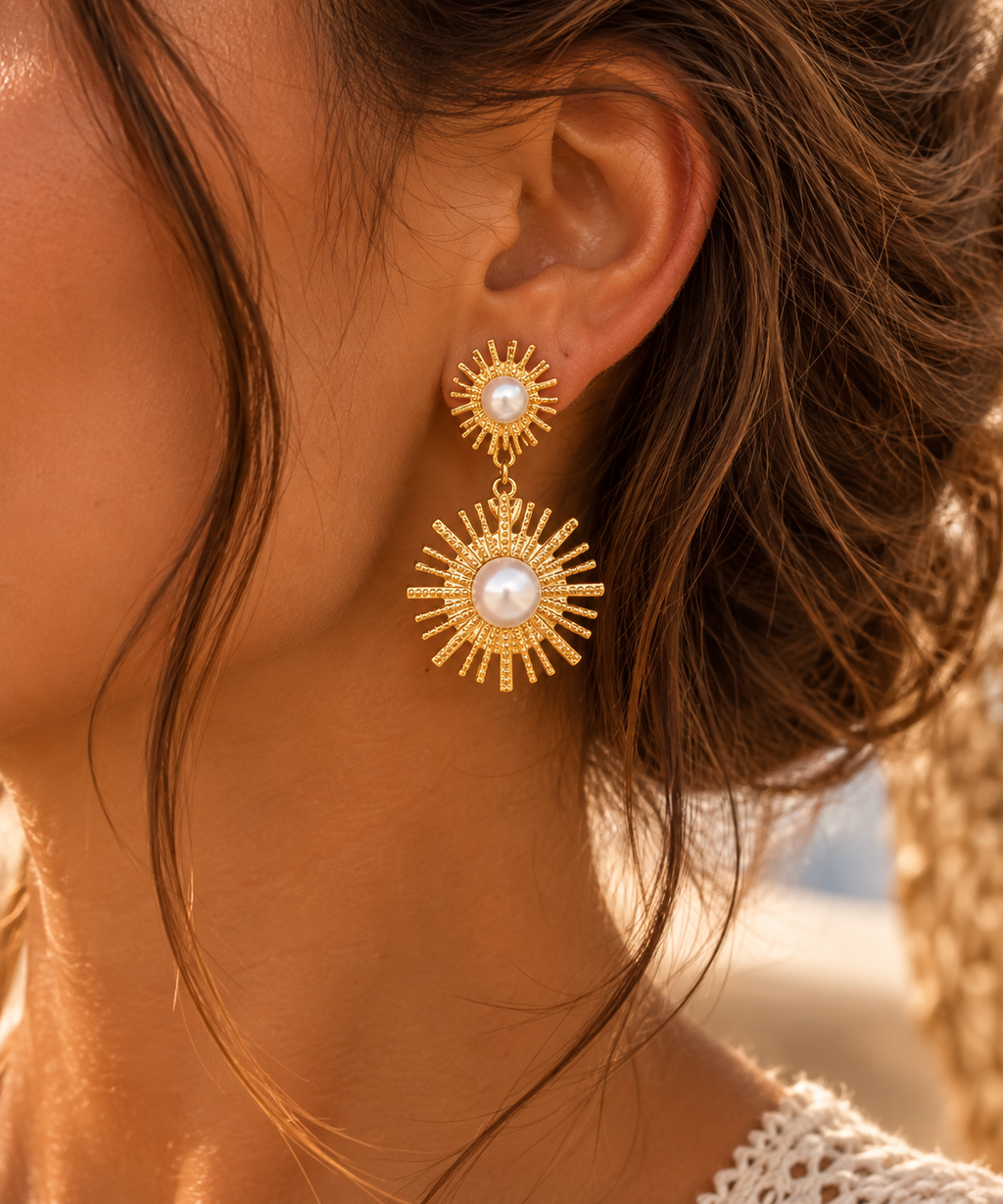 Boucles d’Oreilles Soleil & Perles en Acier Inoxydable Doré