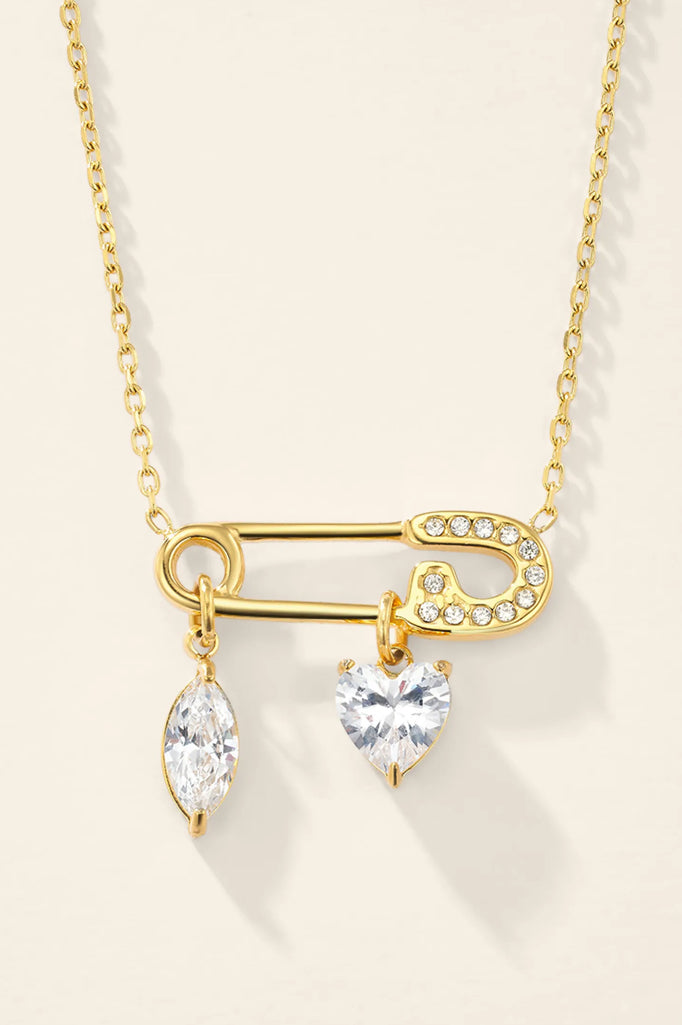 Collier Épingle Cœur & Strass en Acier Inoxydable Doré