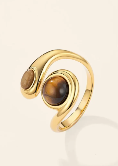 Bague Œil de Tigre Dorée en Acier Inoxydable