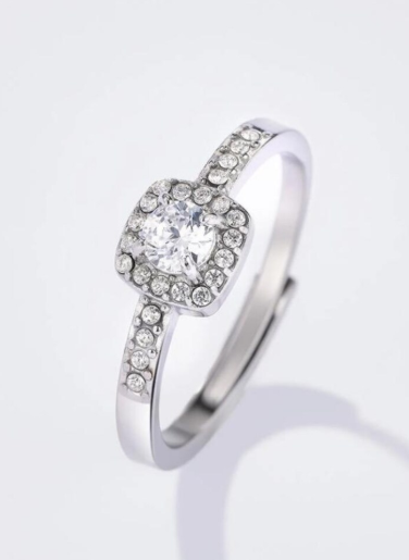 Bague Réglable Argentée Pierre Scintillante en Acier Inoxydable