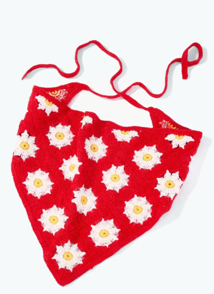 Bandana Crochet Rouge Marguerites 100 % Coton