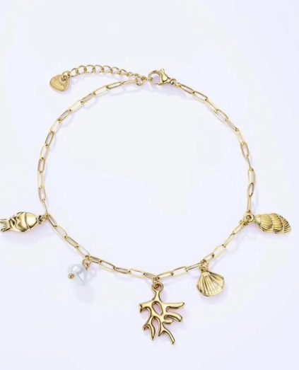 Bracelet de Cheville Charms Marins Doré en Acier Inoxydable