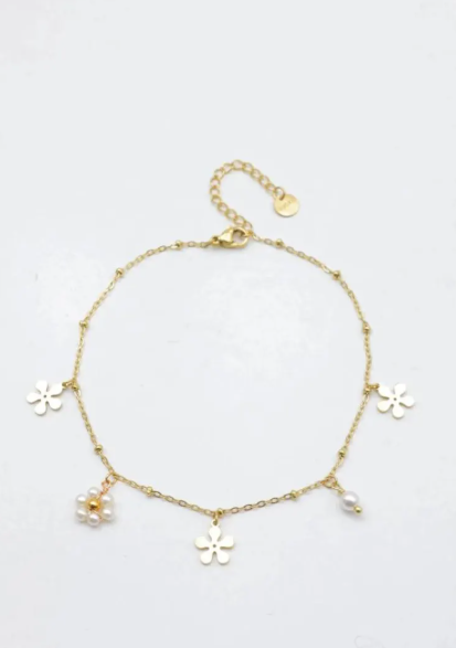 Bracelet de Cheville Fleurs Doré en Acier Inoxydable