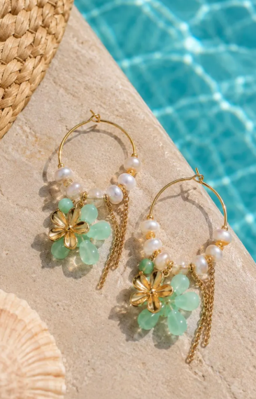 Boucles d’Oreilles Fleuries Vert d’Eau en Acier Inoxydable