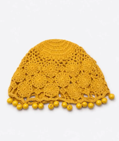 Bonnet Crochet Jaune à Perles 100 % Coton