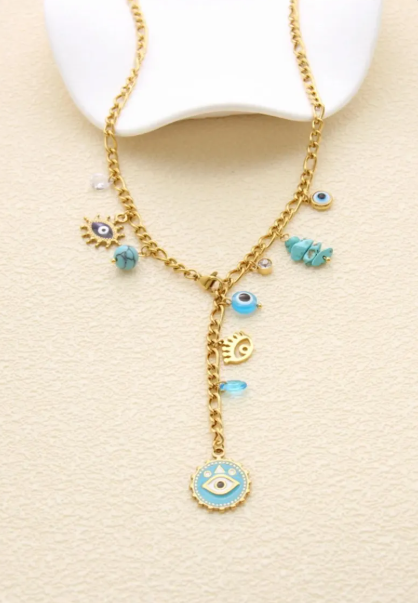 Collier Œil Bleu Talisman en Acier Inoxydable Doré