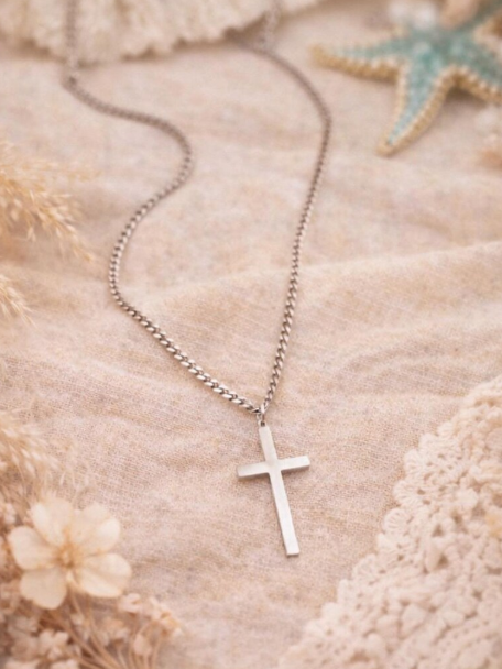 Collier Croix Argenté Femme en Acier Inoxydable