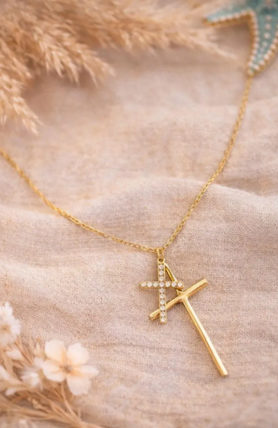 Collier Double Croix Doré en Acier Inoxydable Femme