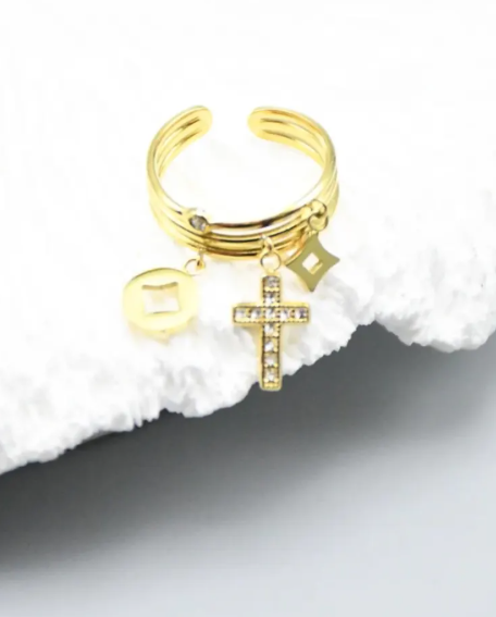Bague Croix Réglable à Pampilles en Acier Inoxydable Doré
