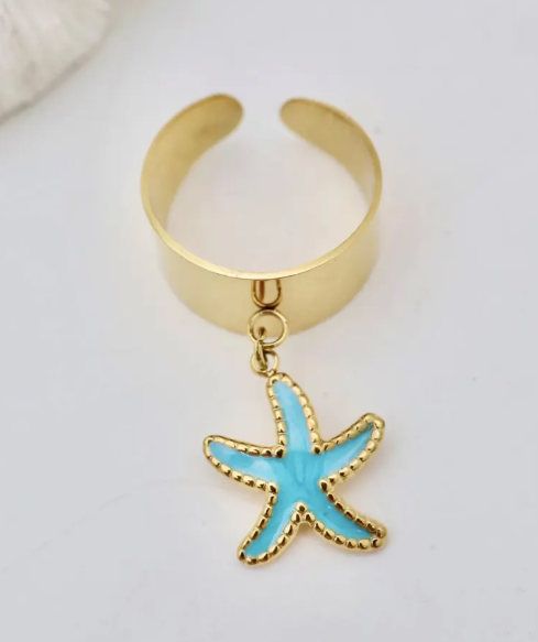 Bague Étoile de Mer Turquoise Réglable en Acier Inoxydable