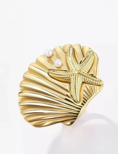 Bague Étoile de Mer & Coquillage Réglable – Acier Inoxydable