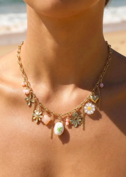 Collier Fleurs Colorées en Acier Inoxydable Doré