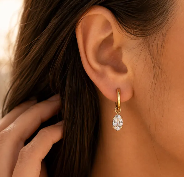 Boucles d’Oreilles Dorées Pierre Ovale en Acier Inoxydable