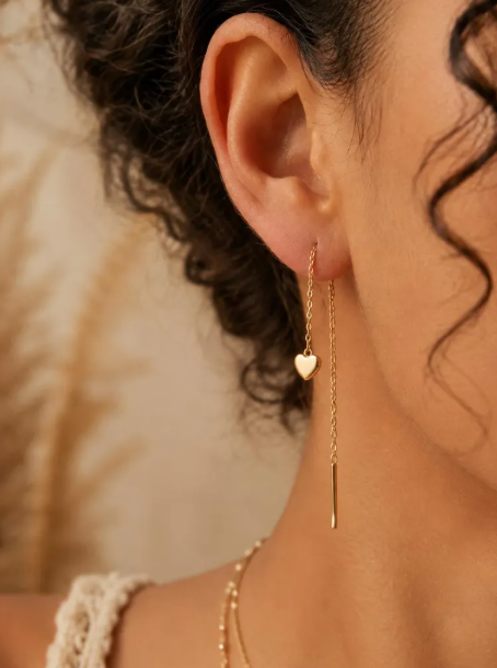 Boucles d’Oreilles Chaîne Cœur Dorées en Acier Inoxydable