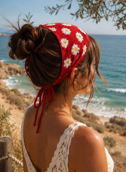 Bandana Crochet Rouge Marguerites 100 % Coton