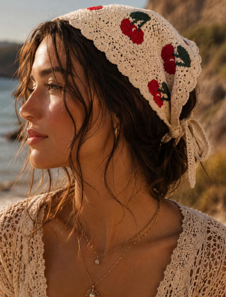 Bandana Crochet Cerises Femme 100 % Coton