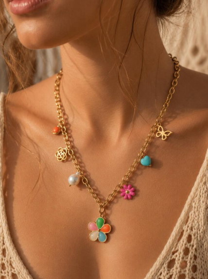 Collier Charms Colorés Doré en Acier Inoxydable