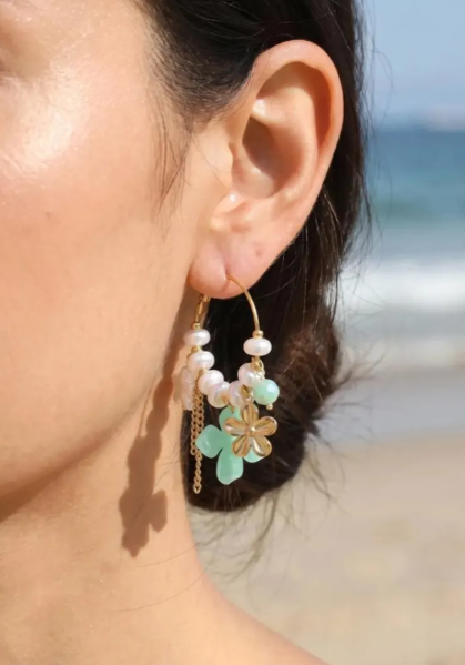 Boucles d’Oreilles Fleuries Vert d’Eau en Acier Inoxydable