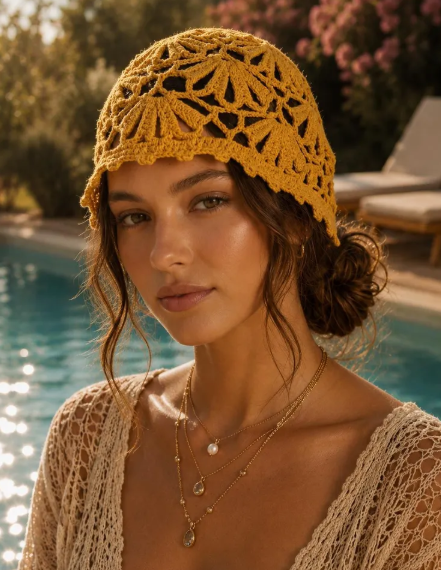 Bonnet Crochet Jaune Bohème 100 % Coton