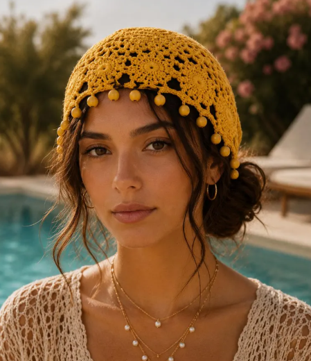 Bonnet Crochet Jaune à Perles 100 % Coton