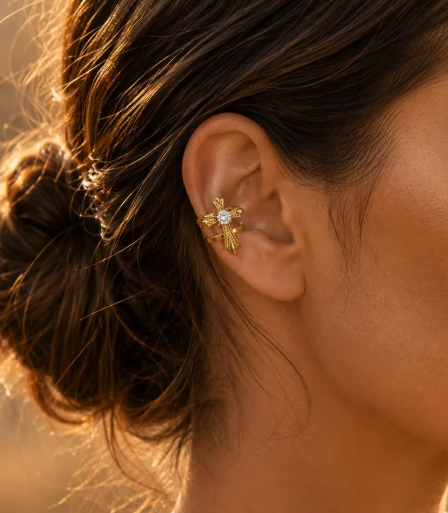 Earcuff Croix Doré Sans Perçage en Acier Inoxydable