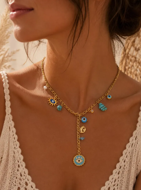 Collier Œil Bleu Talisman en Acier Inoxydable Doré