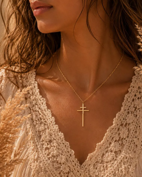 Collier Double Croix Doré en Acier Inoxydable Femme