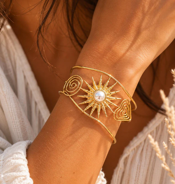 Bracelet Manchette Soleil Doré en Acier Inoxydable