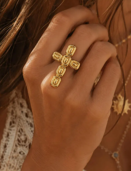 Bague Croix Dorée Réglable en Acier Inoxydable
