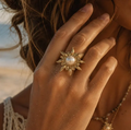 Bague Soleil & Perle Réglable en Acier Inoxydable Doré