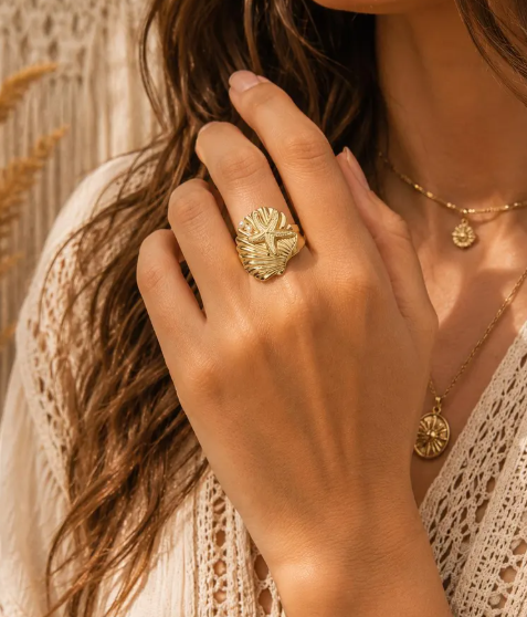 Bague Étoile de Mer & Coquillage Réglable – Acier Inoxydable