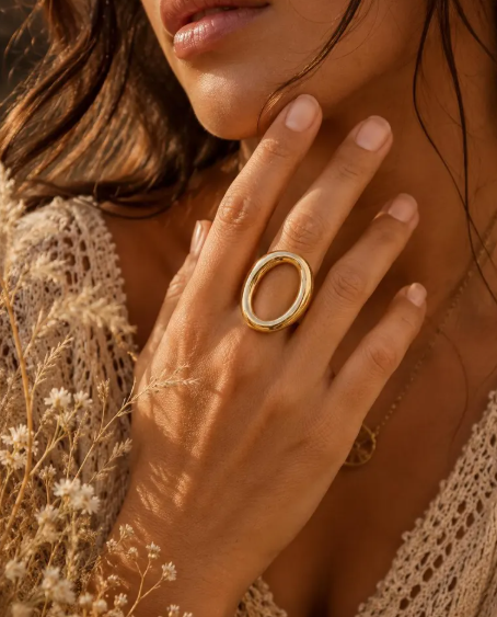Bague Ovale Dorée Réglable en Acier Inoxydable
