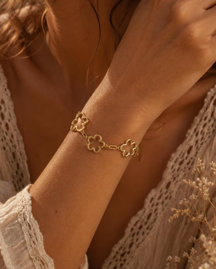 Bracelet Fleurs Dorées Femme en Acier Inoxydable