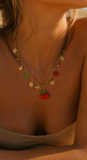 Collier Cerises & Fleurs en Acier Inoxydable Doré