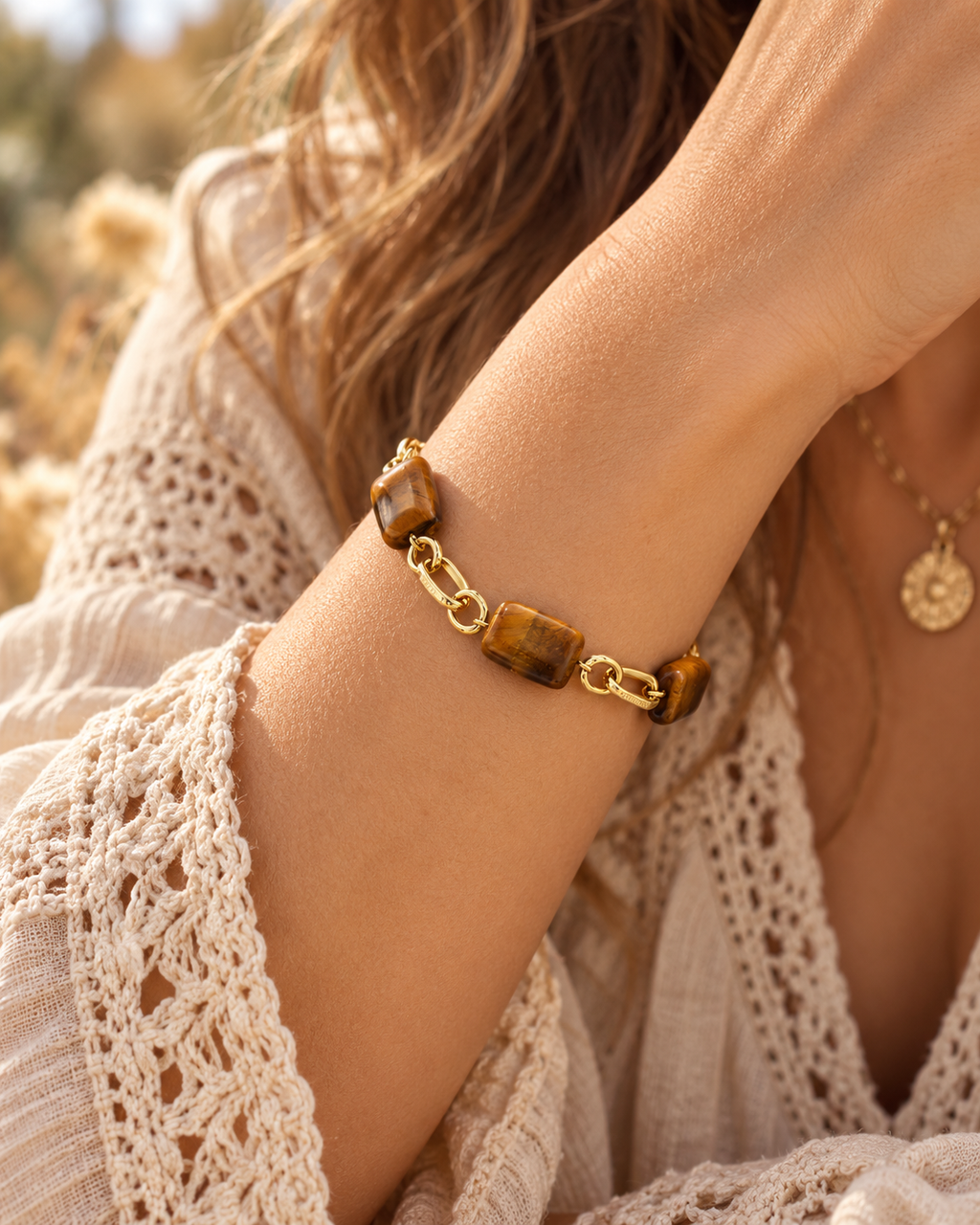 Bracelet Œil de Tigre Pierre Naturelle & Acier Inoxydable | Lilou Bohème
