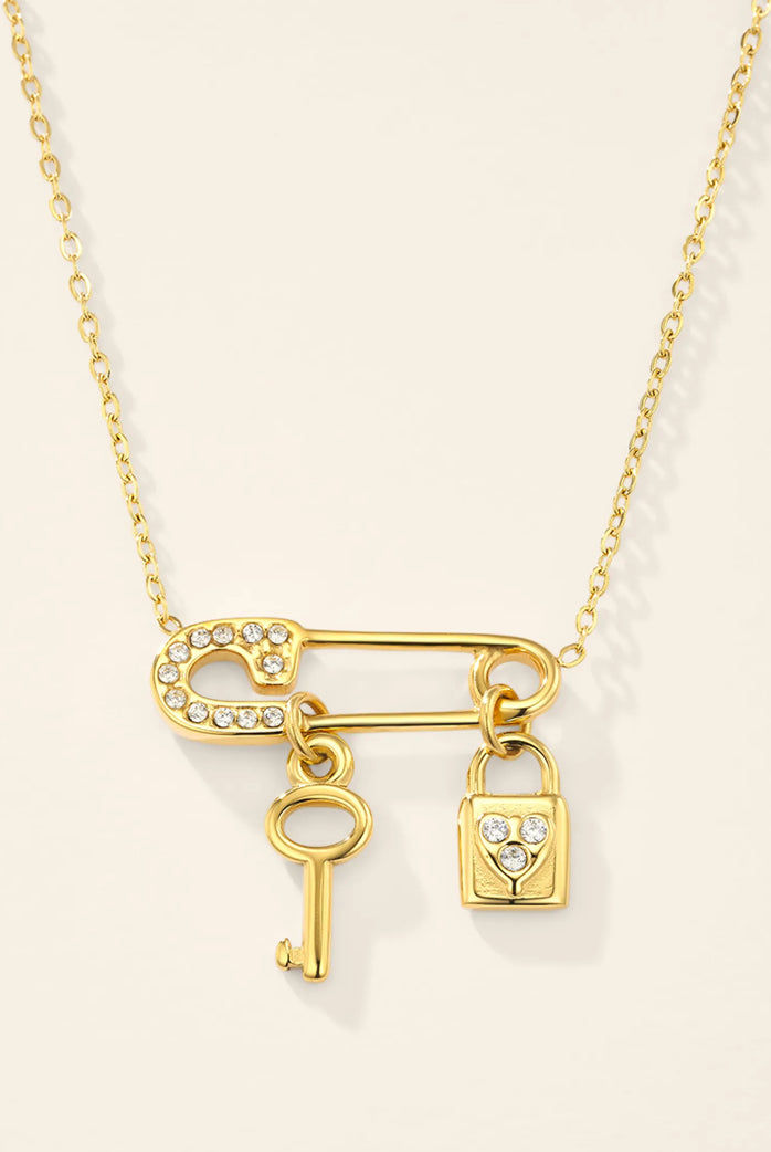 Collier Clé & Cadenas Cœur en Acier Inoxydable Doré